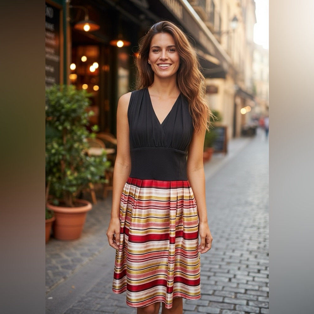 EVAN PICONE VTG Black Red & Orange Silky Candy Stripe/Black Knit Halter Dress 8